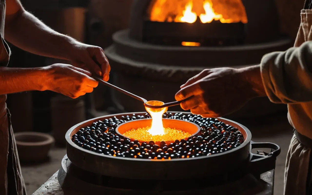 glass bead shaping technique A workshop scene showing a pair of hands using tongs to shape molten glass into small round beads near a glowing furnace with warm orange light illuminating the tools.