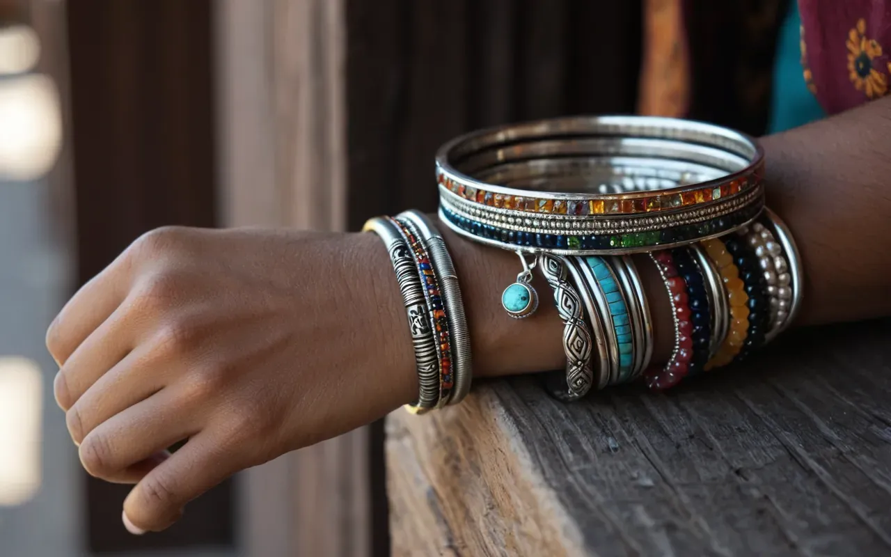 A wrist wearing a flexible silver cuff bracelet with small colorful gemstones next to several stacked thin bangles in soft morning light.