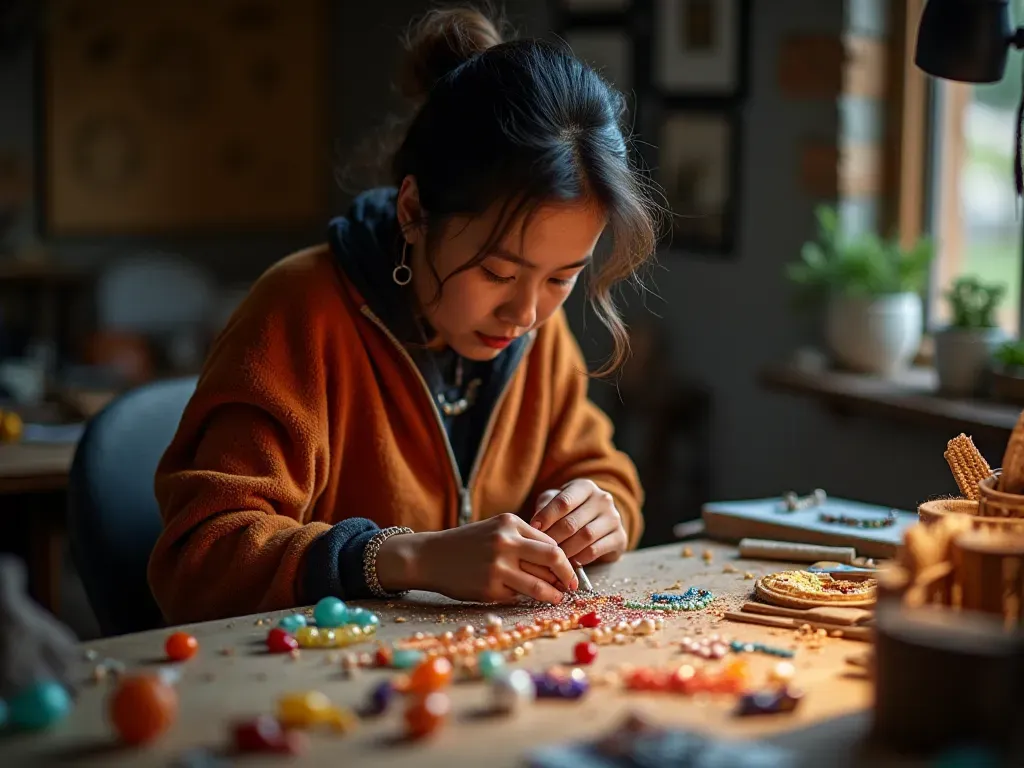 An artisan working at a well-lit workstation surrounded by colorful glass beads and tools creating handmade jewelry with focused expression under warm indoor lighting showing detailed craftsmanship.