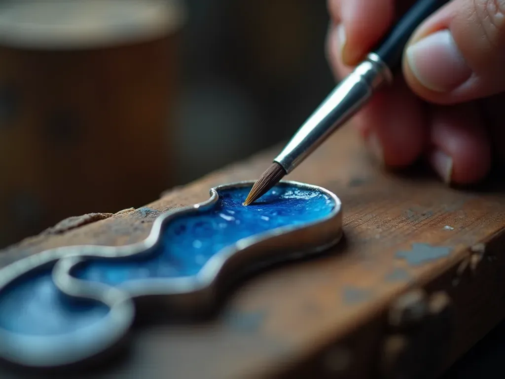 Close-up macro photography of skilled artisan hands using a fine brush to apply vibrant blue enamel paint onto a curved silver jewelry piece, soft natural lighting highlighting the texture of the metal and paint, shallow depth of field blurring the background workshop tools.