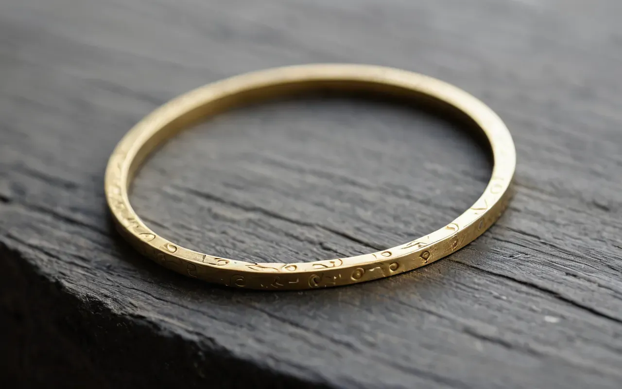 handcrafted texture details Close-up macro shot of a delicate gold bracelet with subtle hand-forged textures and slight asymmetries that highlight artisanal craftsmanship against a neutral soft fabric background.