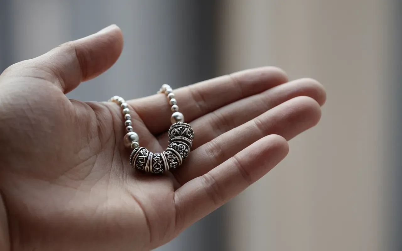 Close-up of a hand holding a delicate silver wire-wrapped bead necklace with soft natural lighting and a blurred neutral background.