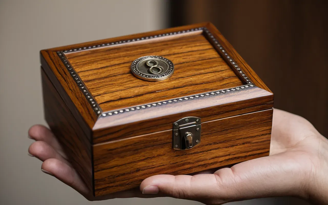 Close up of a hand holding a finished wooden jewelry box with visible wood grain and smooth edges against a neutral background.