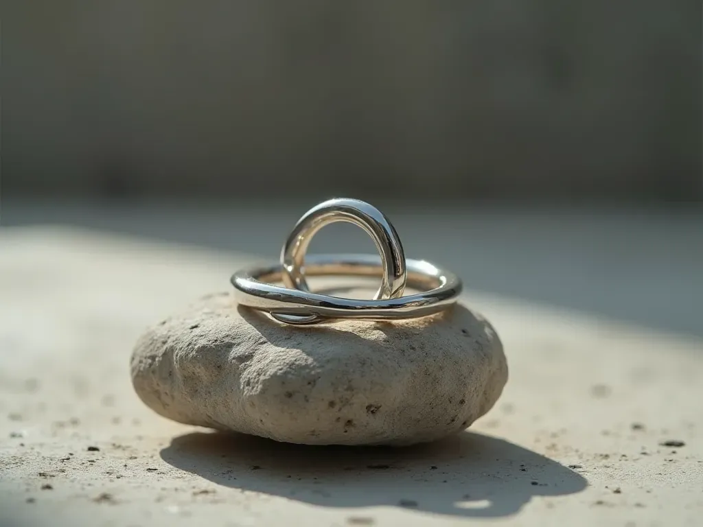 Close-up of a handcrafted silver ring wrapped around a rough natural stone, soft diffused lighting on a clean concrete surface, minimalist composition highlighting texture and detail
