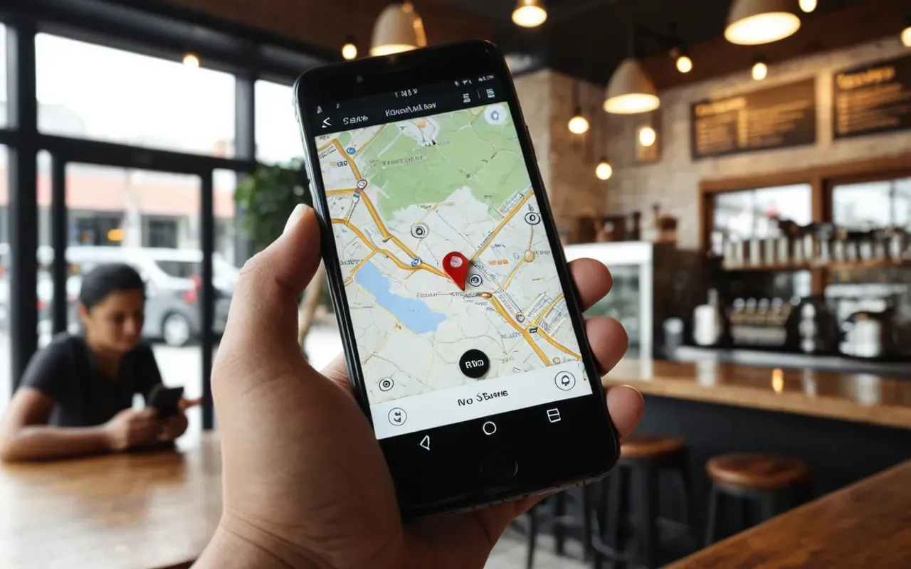 Close-up of a smartphone screen displaying a map with location pins, held by a hand in a modern cafe setting, soft natural light
