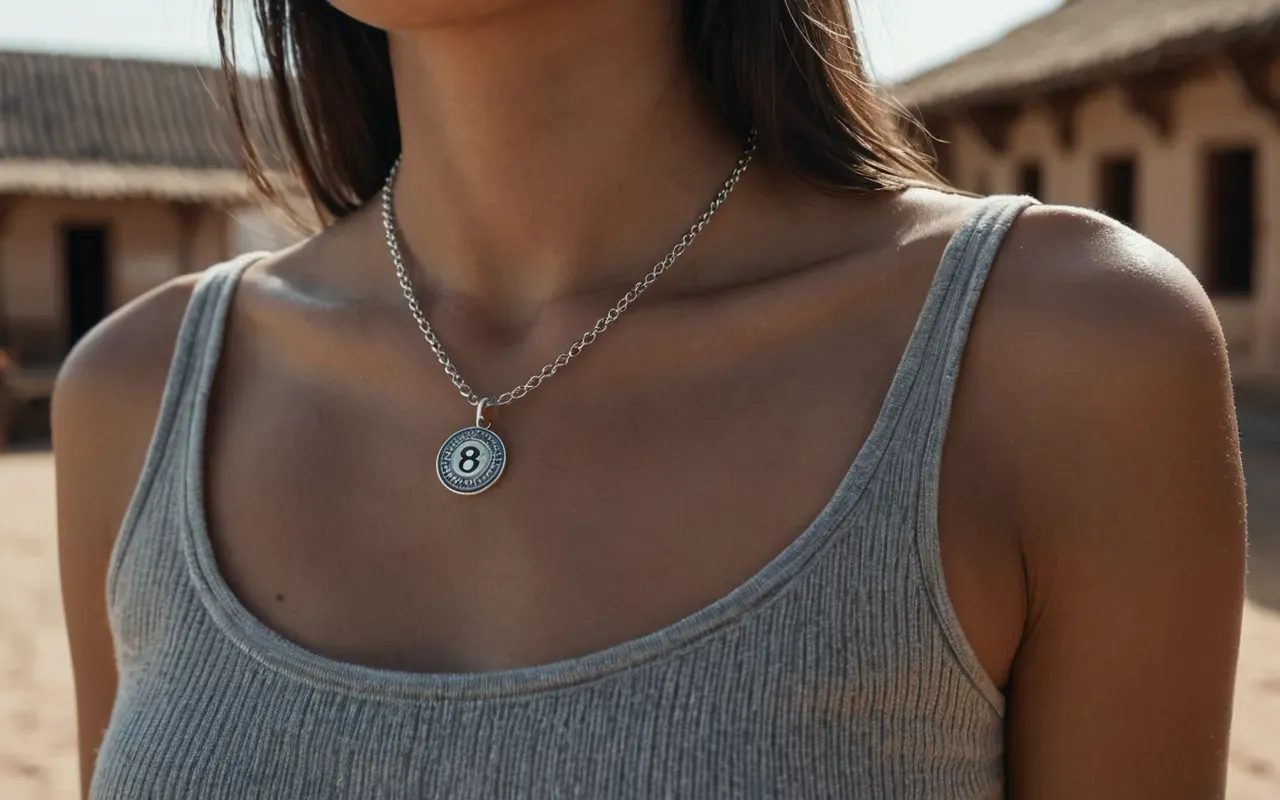 Close up of a woman wearing a thin silver chain necklace with a small functional charm attached near her collarbone in soft daylight with neutral clothing background