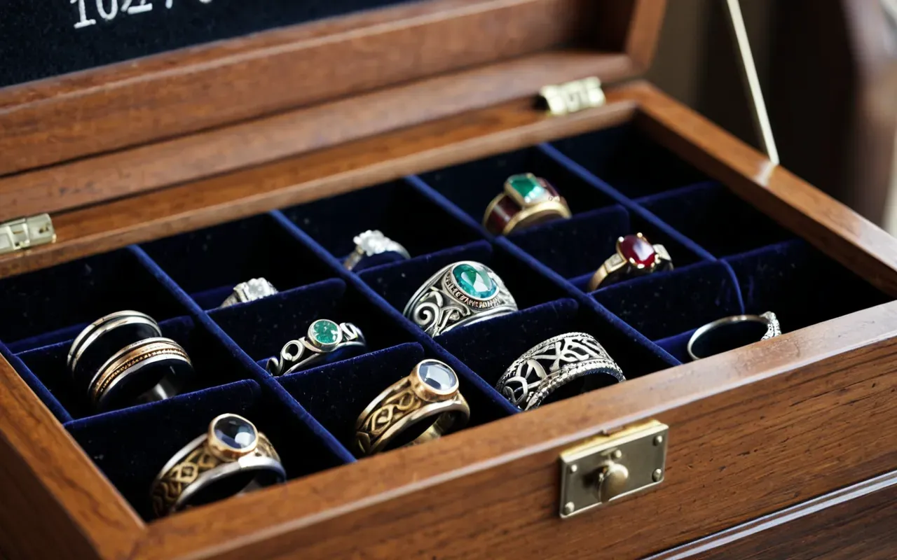 Close-up of an open wooden jewelry organizer with velvet lining and several silver rings neatly arranged in compartments.