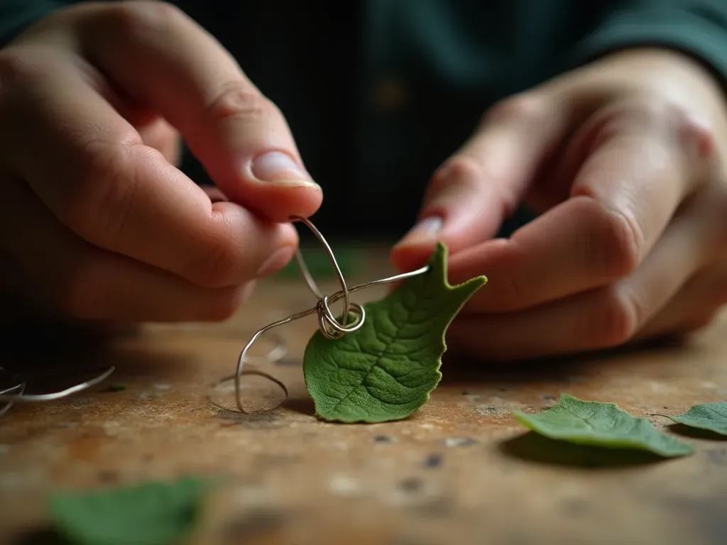 Close-up of hands skillfully wrapping thin silver wire around a small green leaf shape on a wooden workbench, warm workshop lighting highlighting the intricate metalwork process