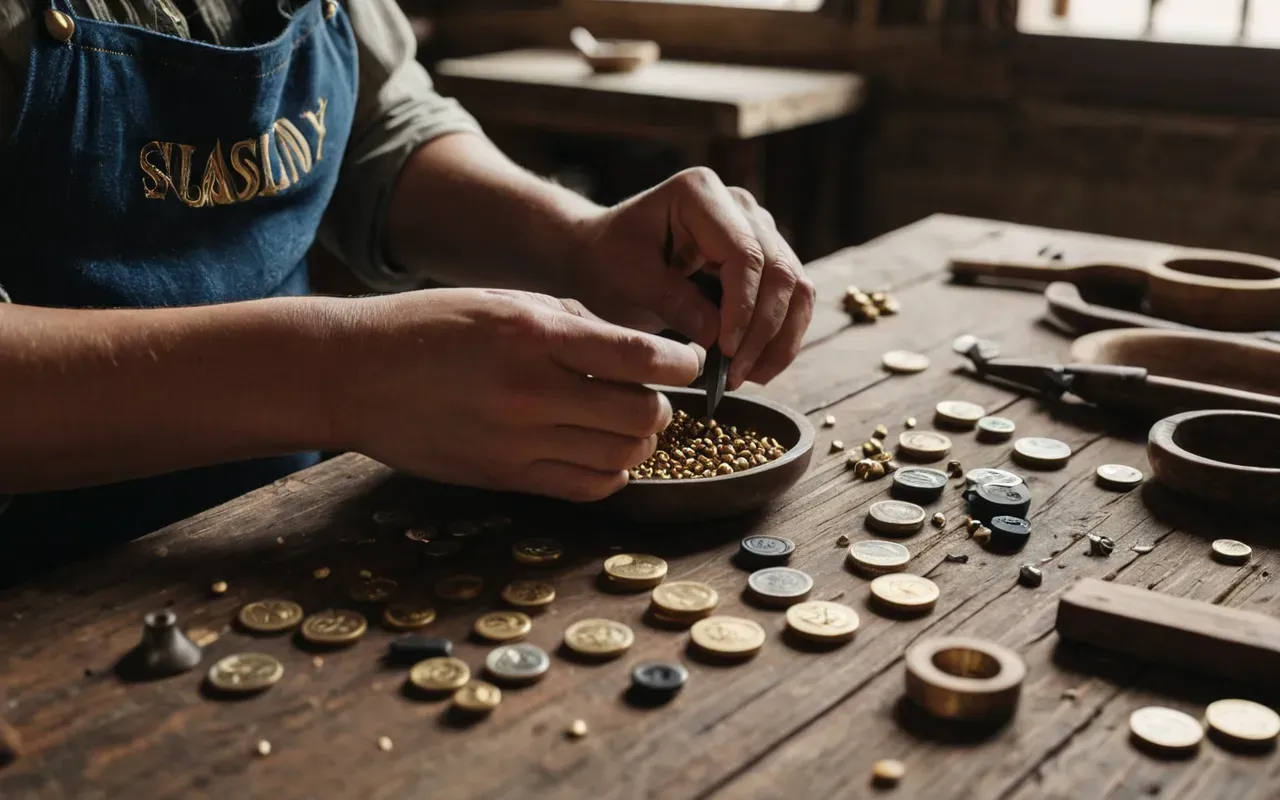 Close up of hands working on a piece of jewelry at a wooden workbench with soft natural light and tools scattered around showing craftsmanship detail