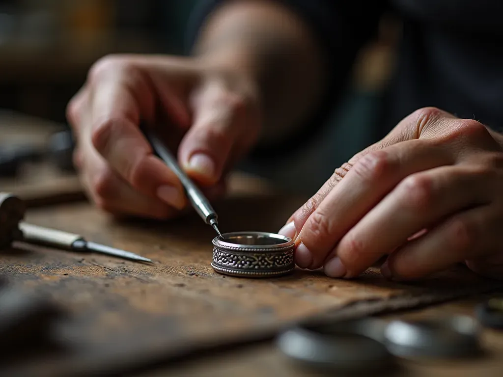 jewelry making process Close-up photo of artisan hands working on a silver ring with tools on wooden workbench natural light soft focus background elegant craftsmanship mood no text visible