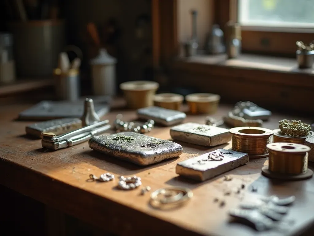 Close-up photograph of a polished wooden workbench holding raw silver ingots, brass wire spools, and hand-forged jewelry components under natural window light. Soft shadows highlight the metallic textures and artisan tools arranged neatly on the surface.