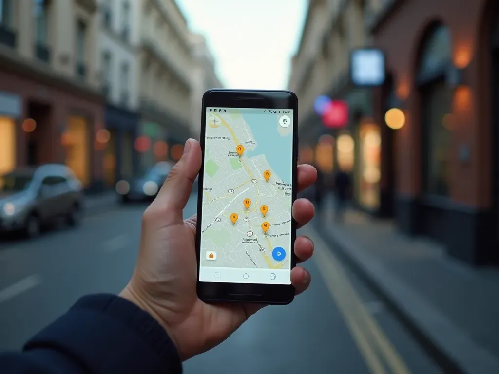 local jewelry search Close-up shot of a modern smartphone screen displaying a map interface with generic location pins, held by hands against a blurred background of a busy city street, soft natural lighting