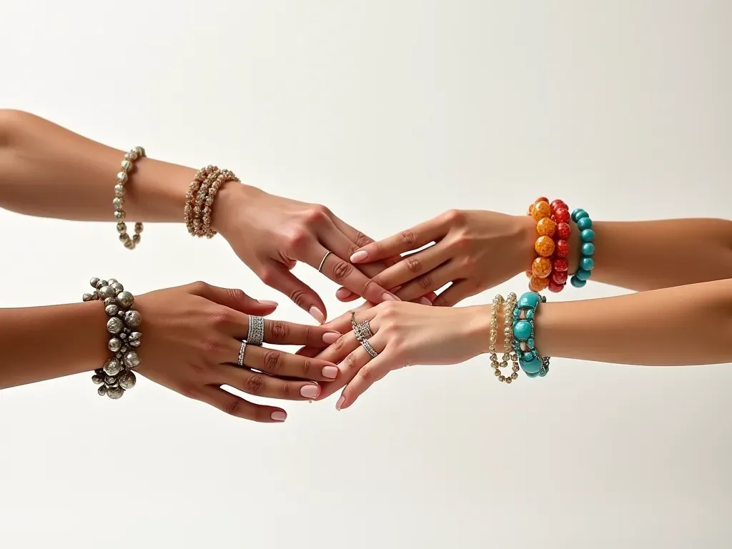 Editorial photo of a diverse group of hands wearing different colored glass bead bracelets and rings against a plain white background, vibrant saturated colors contrasting with neutral skin tones