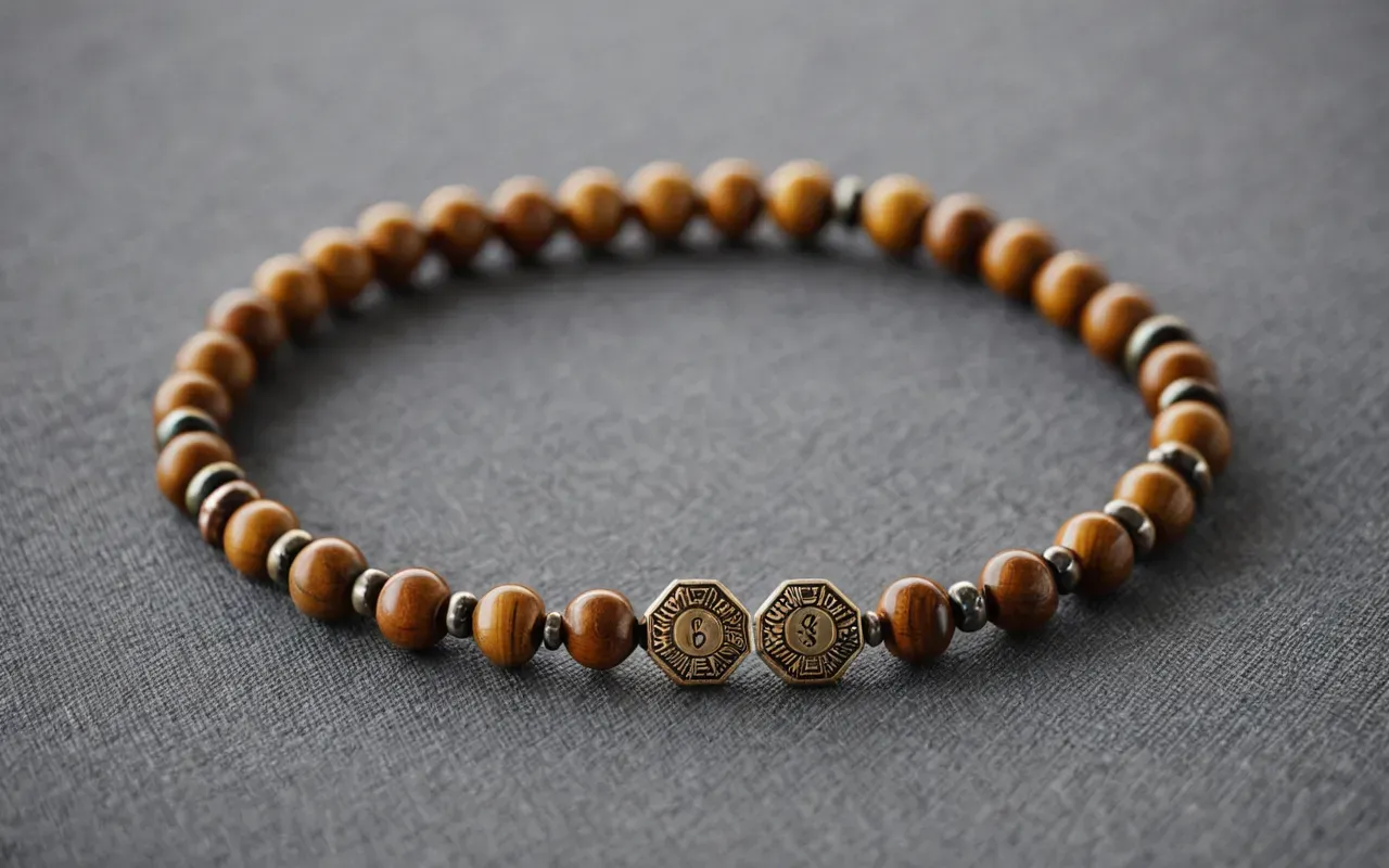 Editorial shot of a modern minimalist bracelet with small geometric beads arranged on a neutral grey fabric background with soft diffused lighting and shallow depth of field