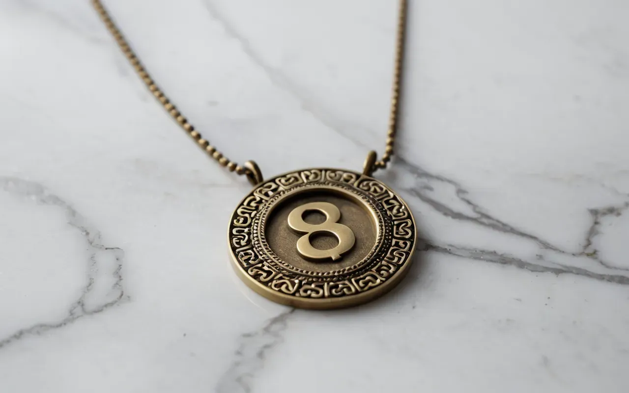Editorial still life of a brass handcrafted necklace on a white marble surface with soft shadows and minimal props