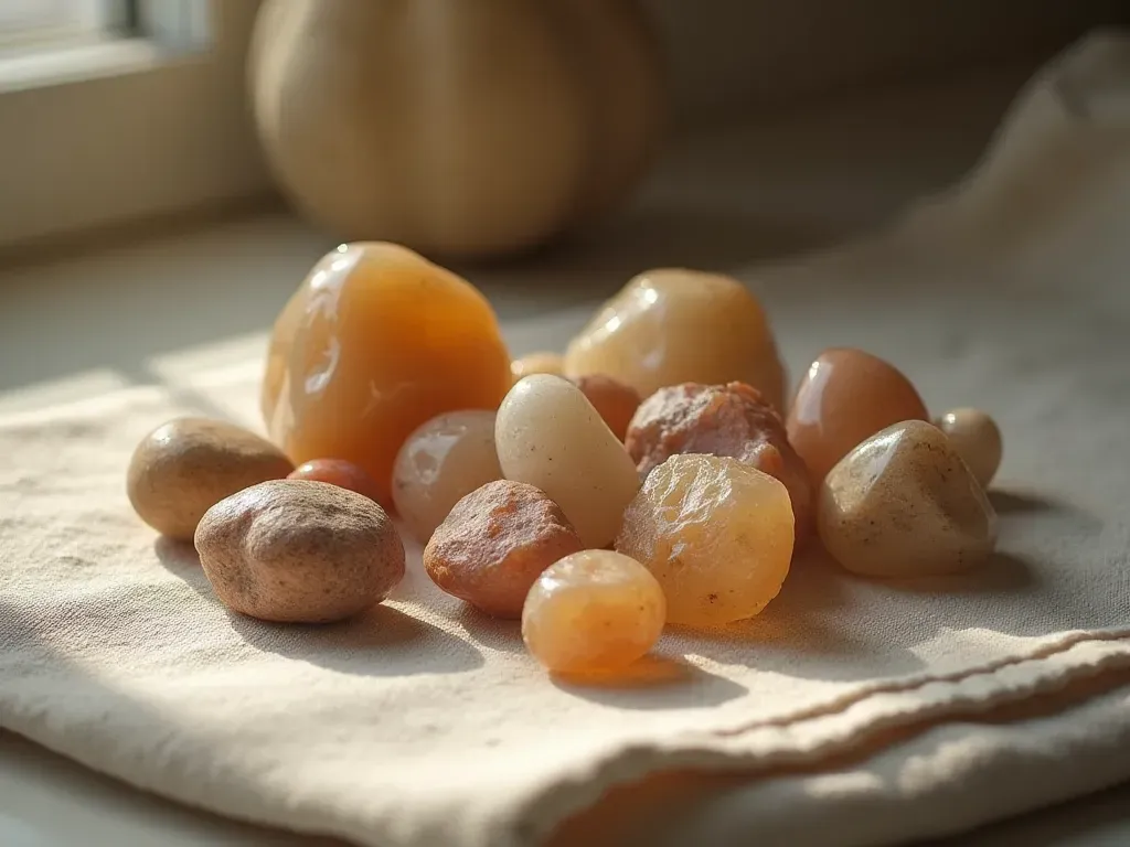 Editorial still life of various raw unpolished gemstones arranged on a neutral linen cloth, soft natural light casting gentle shadows, earthy tones and organic textures emphasized