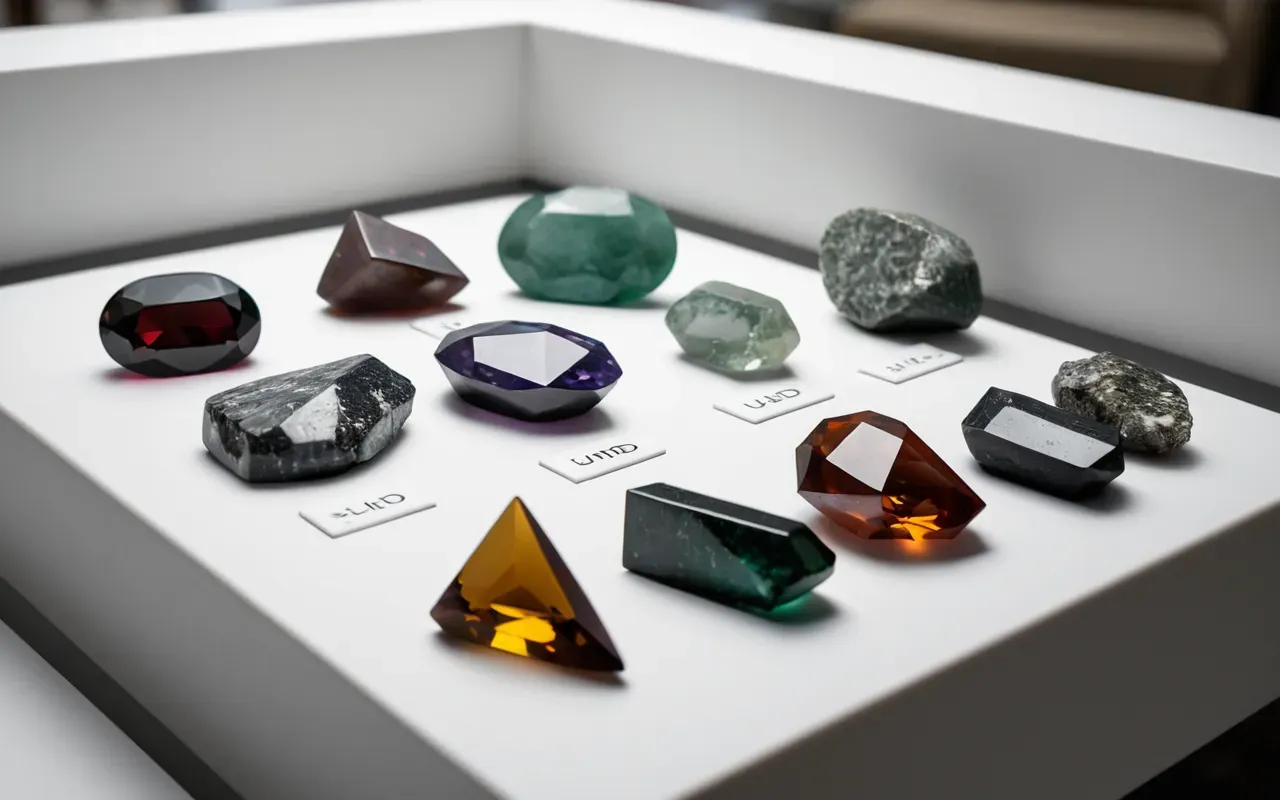 unique gemstone selection artisanal Elegant display of various unique gemstones in raw and cut forms arranged on a clean white surface with soft natural lighting highlighting their individual colors.