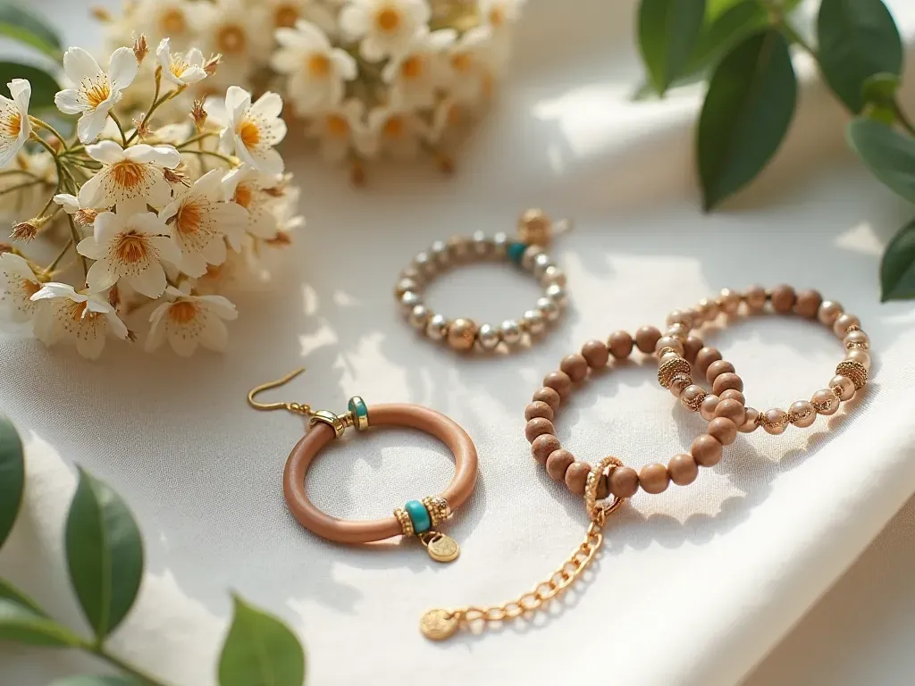 sustainable accessory styling Elegant flat lay of sustainable handmade jewelry on natural linen fabric with dried flowers and green leaves soft daylight minimalist composition no text visible
