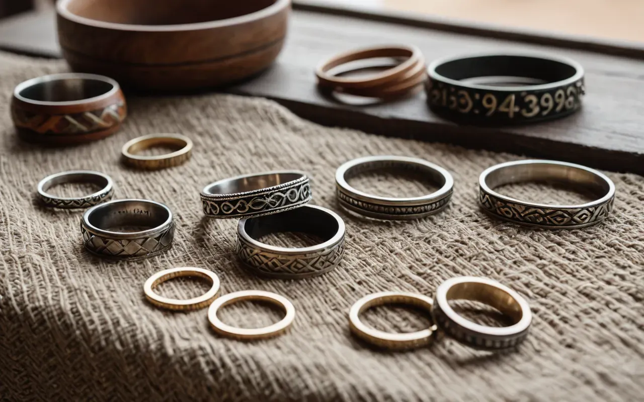 Flat lay arrangement of various handmade jewelry pieces including rings necklaces and bracelets on a textured linen cloth with natural daylight from the side creating soft shadows