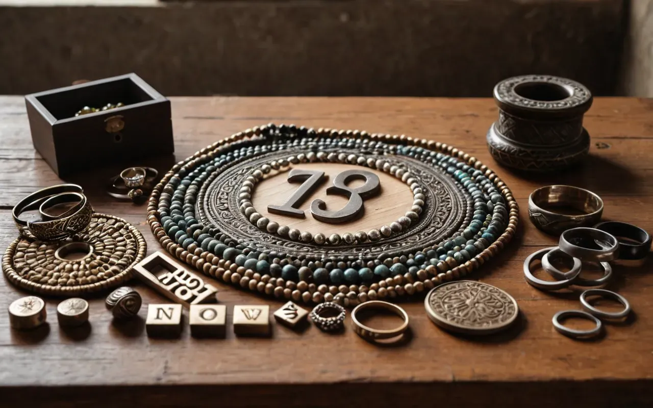 Flat lay of various handmade jewelry pieces including necklaces and rings arranged neatly on a light wooden table with soft shadows