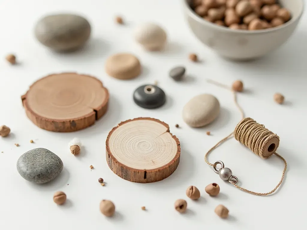 sustainable materials Flat lay of various raw jewelry materials including reclaimed wood slices, smooth river stones, and spools of organic cotton thread on a clean white surface with natural shadows