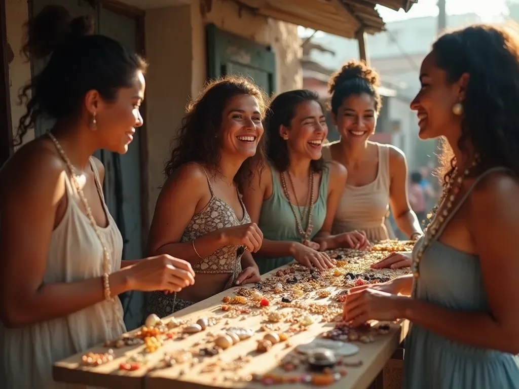 supporting local artisans Happy diverse group of women admiring handmade jewelry at local market stall bright natural sunlight cheerful atmosphere casual stylish outfits no text visible