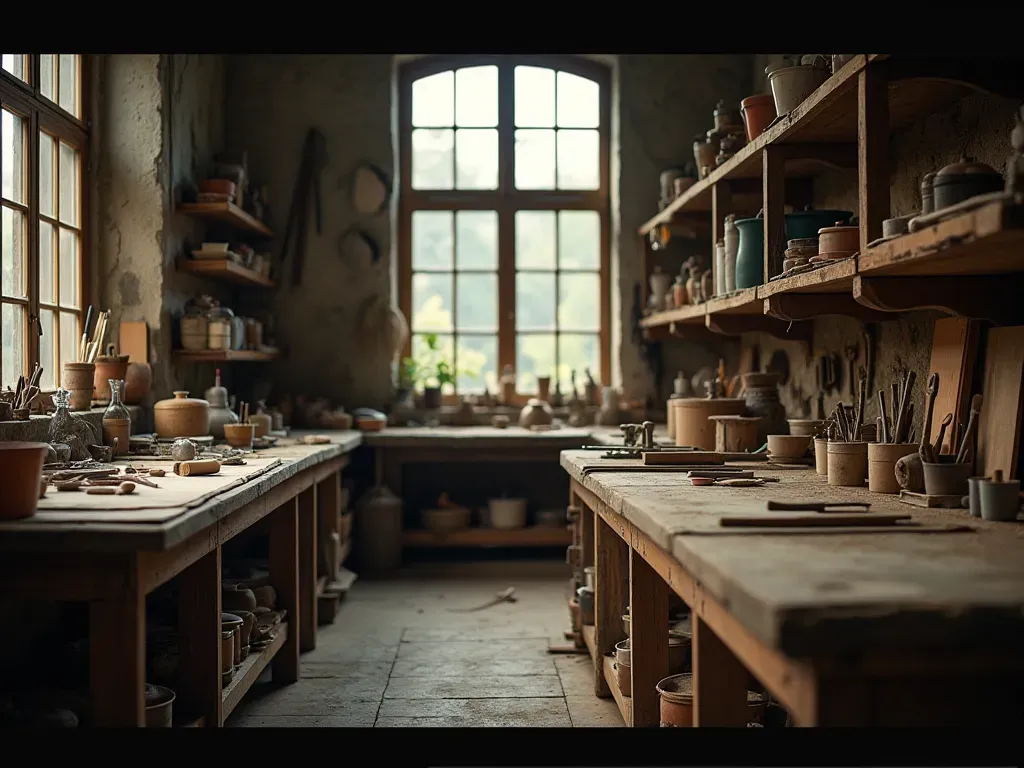 artisan workshop Interior of a quiet artisan workshop with wooden workbenches, tools scattered neatly on cloth pads, and natural light streaming through large windows illuminating raw metal materials