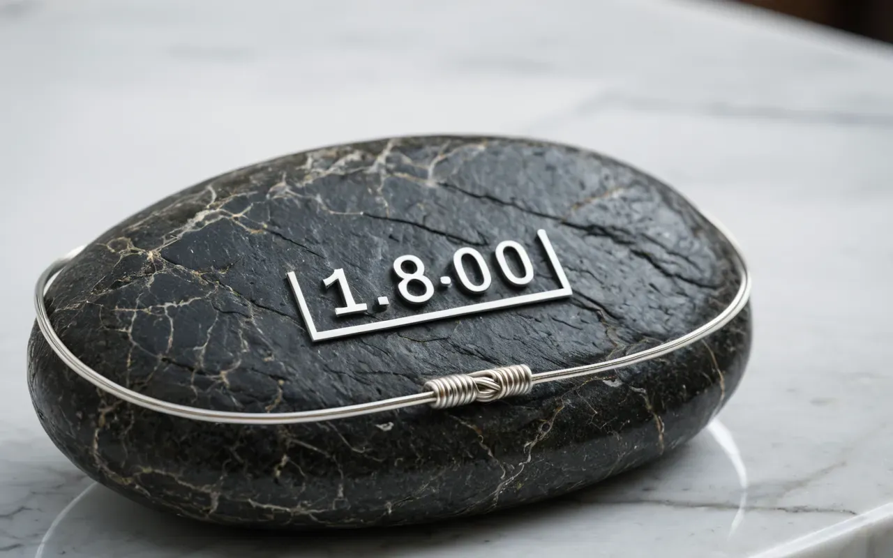 Macro shot of a natural stone wrapped in thin silver wire resting on a white marble surface with soft shadows and bright clean lighting highlighting texture details