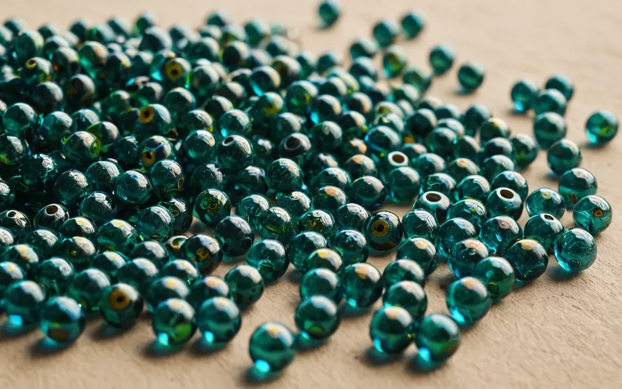 Macro shot of intricate recycled glass beads in vibrant blue and green tones arranged on a neutral beige background