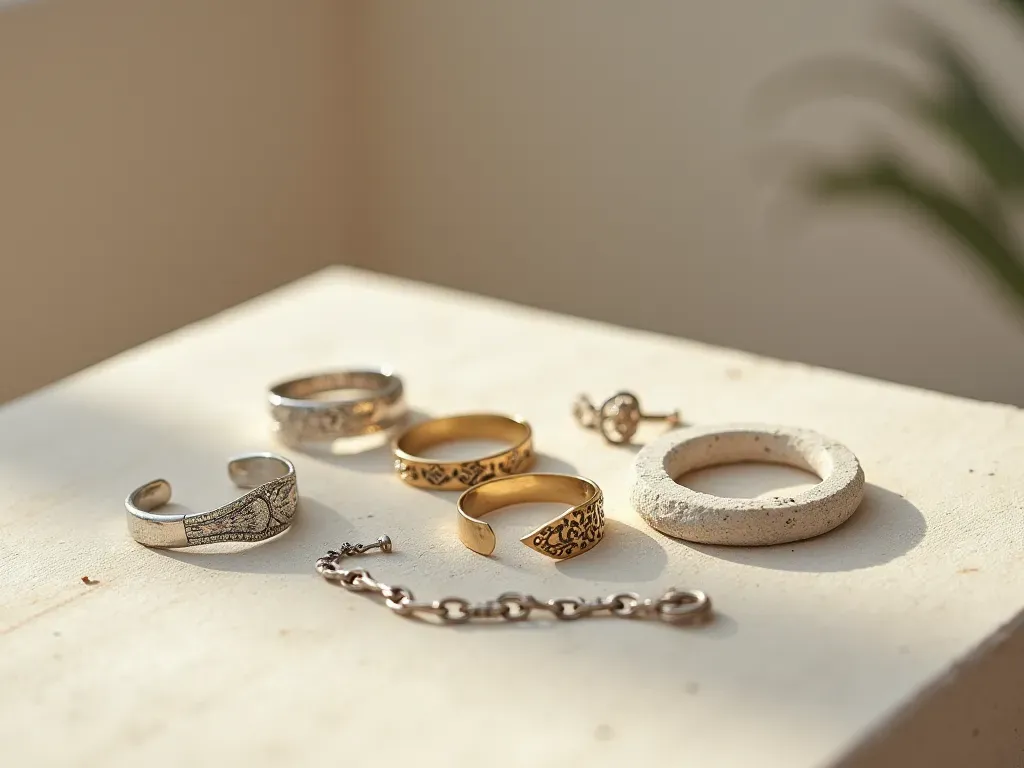 Minimalist flat lay photograph featuring a curated selection of handcrafted silver and brass jewelry arranged on a smooth neutral stone surface. Soft natural lighting highlights the metallic textures and clean geometric shapes without any visible text or branding.
