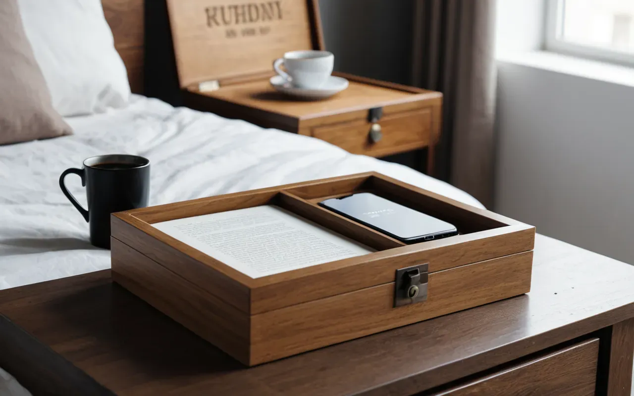 Modern minimalist bedroom interior with a wooden jewelry box on a bedside table next to an open book and coffee cup.