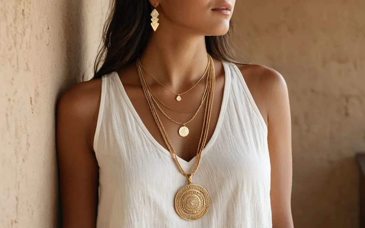 layered handmade jewelry styling tips Modern woman wearing layered gold necklaces with unique handcrafted pendants standing in natural light against a plain beige wall showing stylish accessory layering.