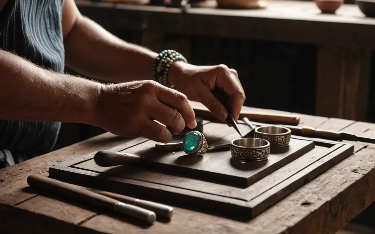 artisan jewelry workshop Warmly lit studio scene showing an artisan's hands carefully polishing a silver gemstone ring with traditional tools on a wooden workbench.