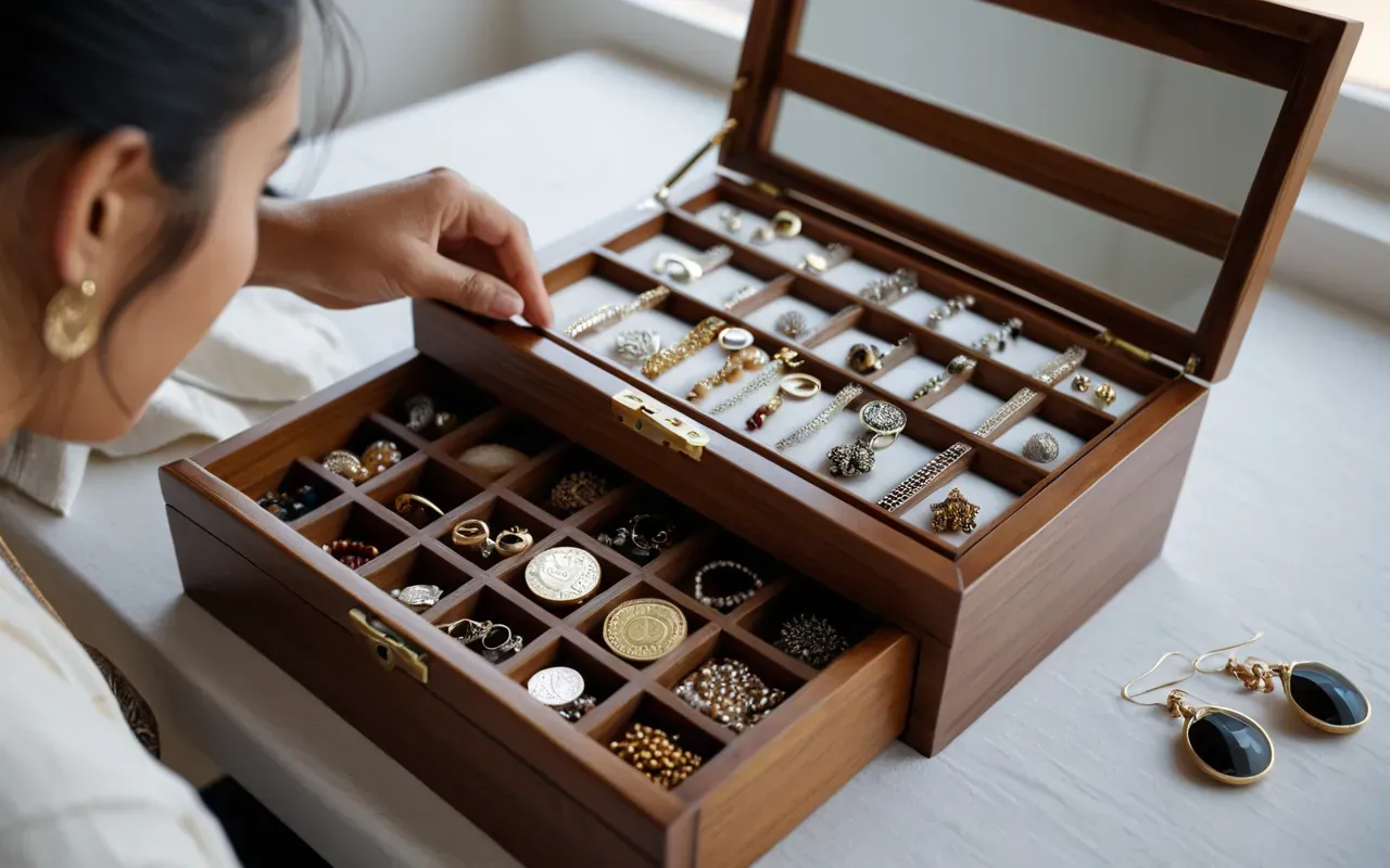 Woman in soft morning light selecting earrings from an open wooden jewelry box on a clean white nightstand.