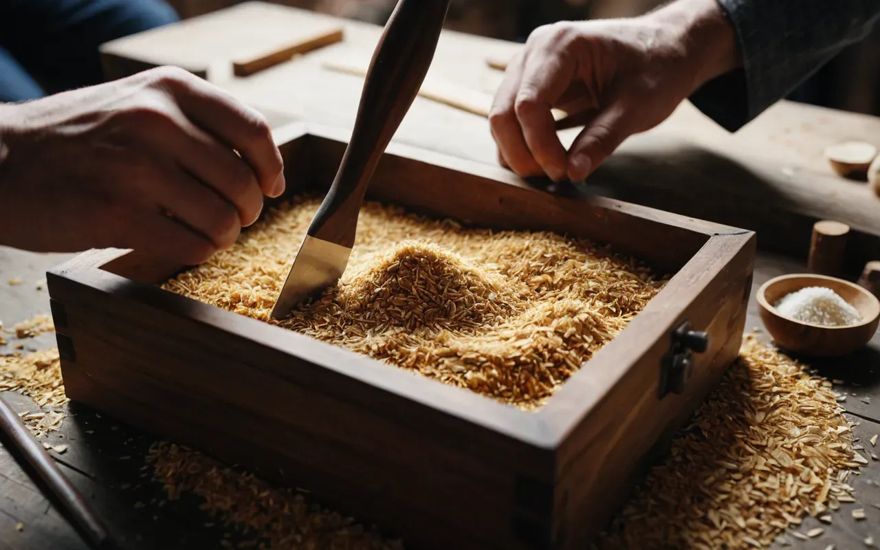Workshop scene showing hands using a chisel to shape a small wooden box with fine grain wood shavings scattered around.