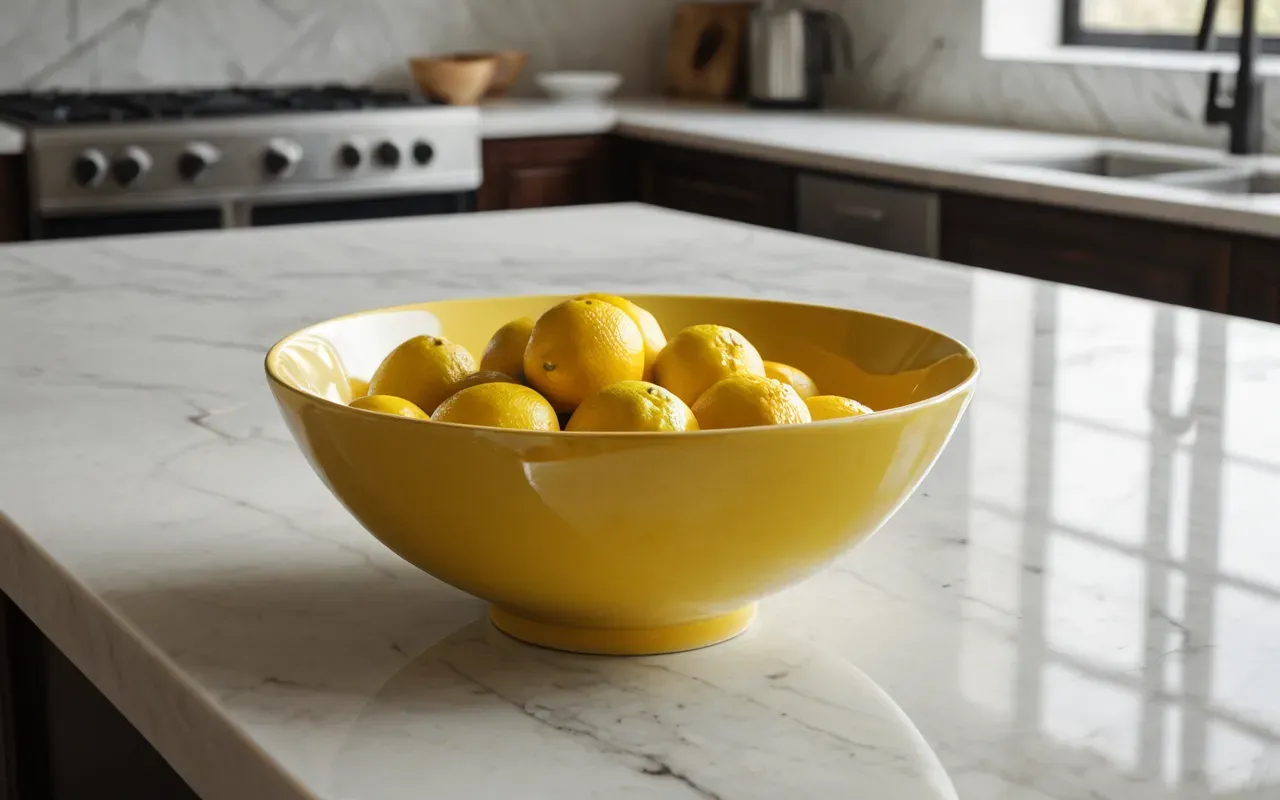 A bright yellow ceramic bowl with raised lemon shapes sits on a white marble countertop. Soft morning light highlights the glossy glaze and casts subtle shadows emphasizing the sculptural details.