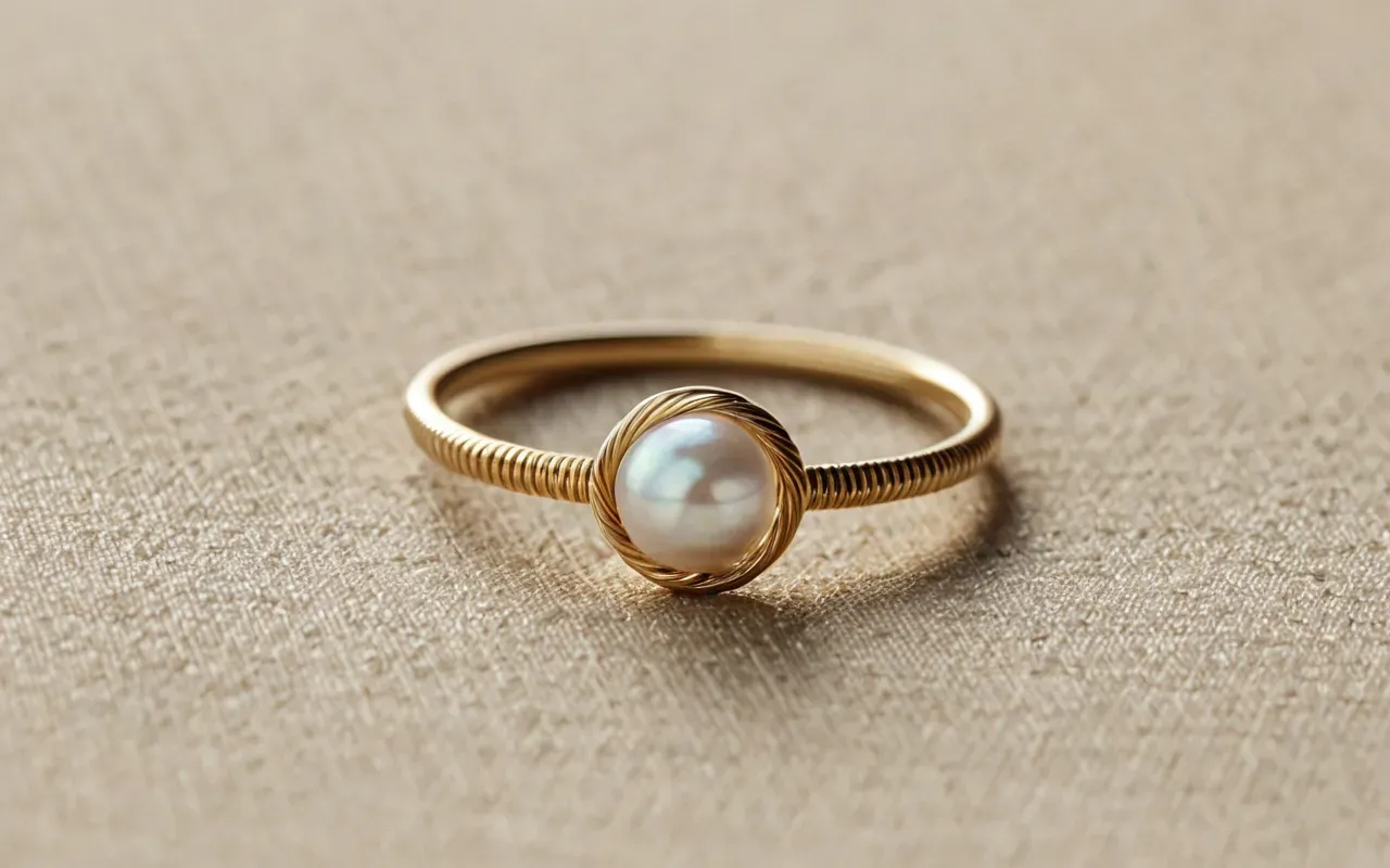 A close-up macro shot of a delicate gold wire ring featuring a small iridescent mother-of-pearl bead in the center resting on a textured beige linen surface with soft natural lighting highlighting the metallic sheen and organic texture without any text or logos visible.