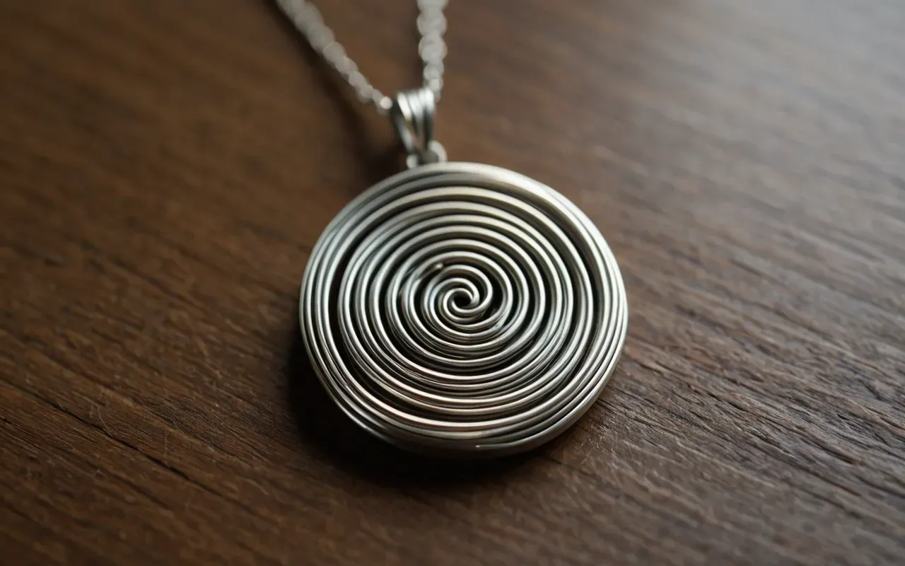 handmade floral jewelry A close up macro shot of a silver wire wrapped around the back of a small flower shaped pendant showing neat tight coils and clean cut ends with soft natural light highlighting the texture of the metal against a blurred white background without any text or logos visible.