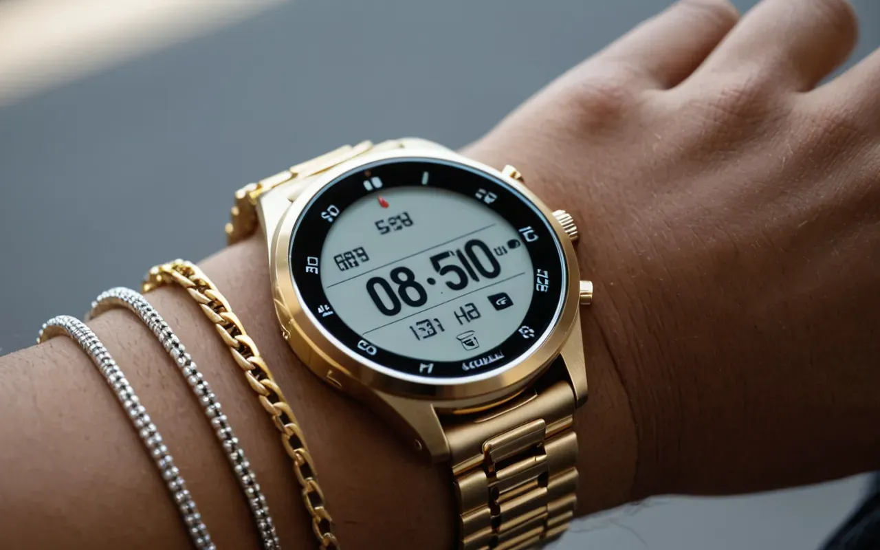 A close up of a golden smartwatch on a wrist next to a delicate silver chain bracelet in soft natural light showing the contrast between tech and fashion.