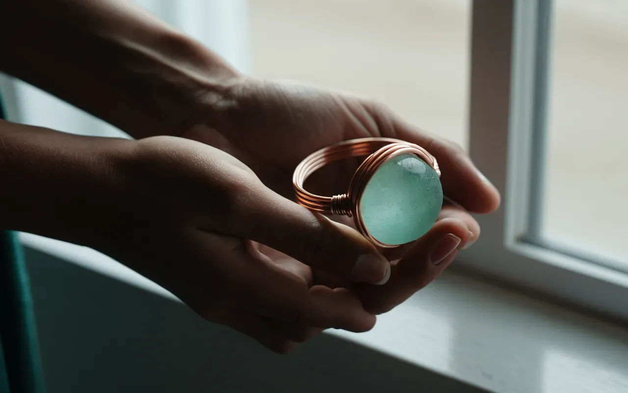 wire wrapped jewelry tutorial A close-up of a hand holding a delicate copper wire wrapped ring with a smooth sea glass stone set in the center under soft natural window light.
