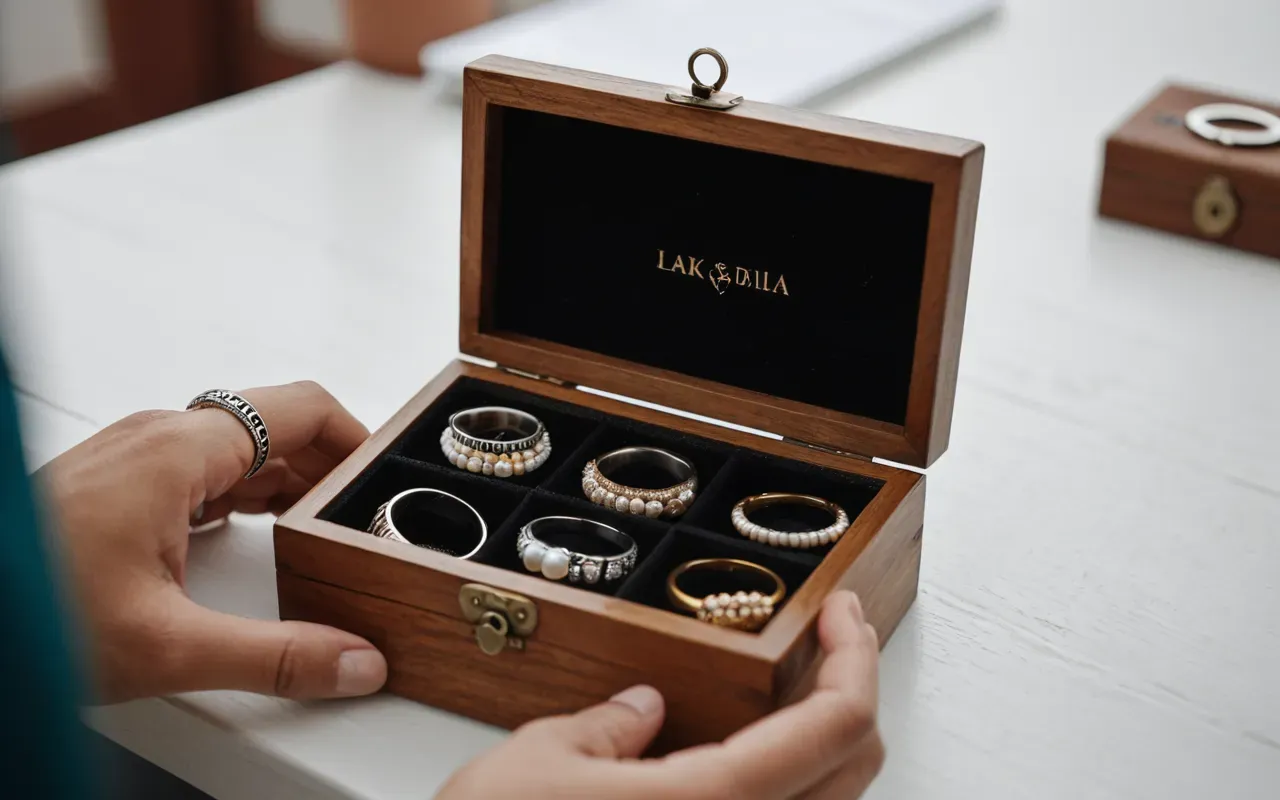 A close-up of a hand holding a small wooden box filled with various handmade earrings and rings on a clean white table surface.