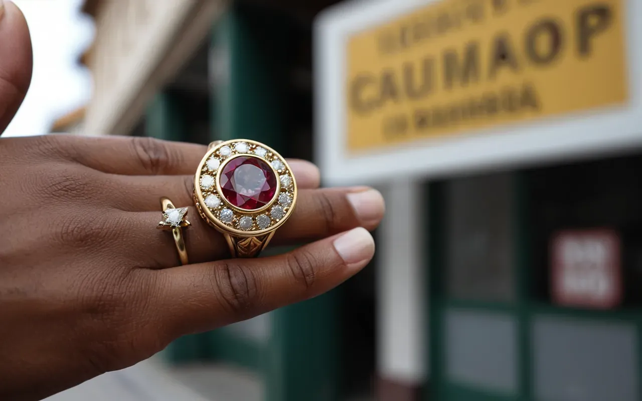 handmade rings A close up of a hand holding an intricately designed gold ring with natural diamonds and rubies against a soft blurred background.