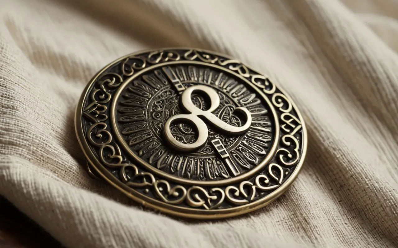 vintage jewelry detail A close up of a vintage metal brooch with intricate engraving resting on a soft cream linen cloth under warm natural light showing detailed craftsmanship and texture without any text or logos.