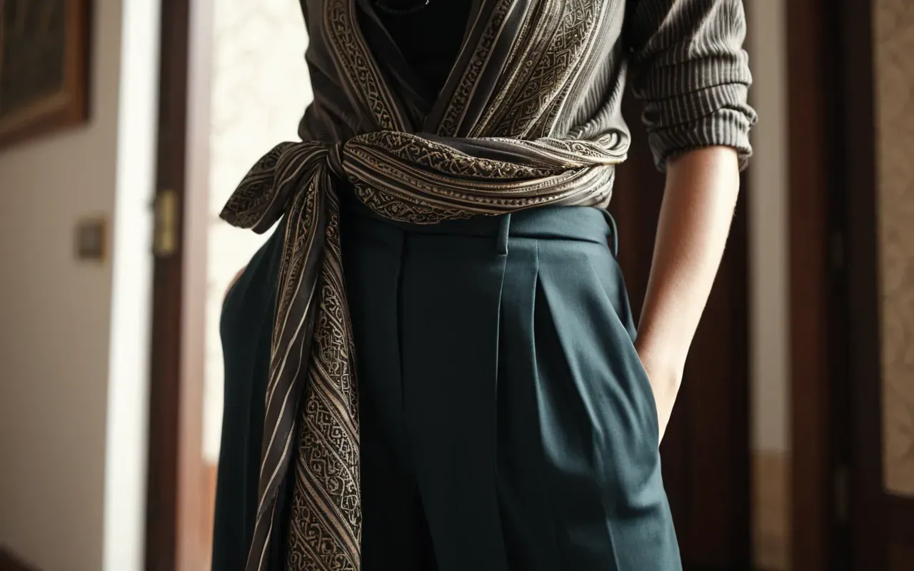 silk scarf styling A close up of a woman's waist wearing a flowing silk scarf tied in an elegant knot over tailored trousers with soft natural lighting highlighting the fabric texture and movement.