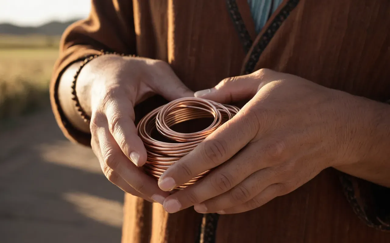 copper wire jewelry A close-up of hands holding a copper wire ring under warm sunlight showing the detailed twist patterns and smooth finish.