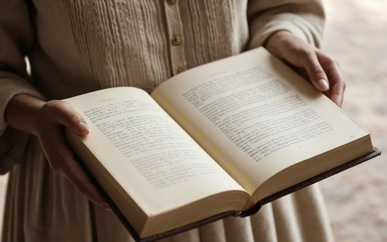 book as accessory styling A close-up photo of a woman's hands holding a thick hardcover book with plain cream-colored pages and no visible text or cover design. She wears a simple beige trench coat sleeve and delicate silver rings on her fingers.