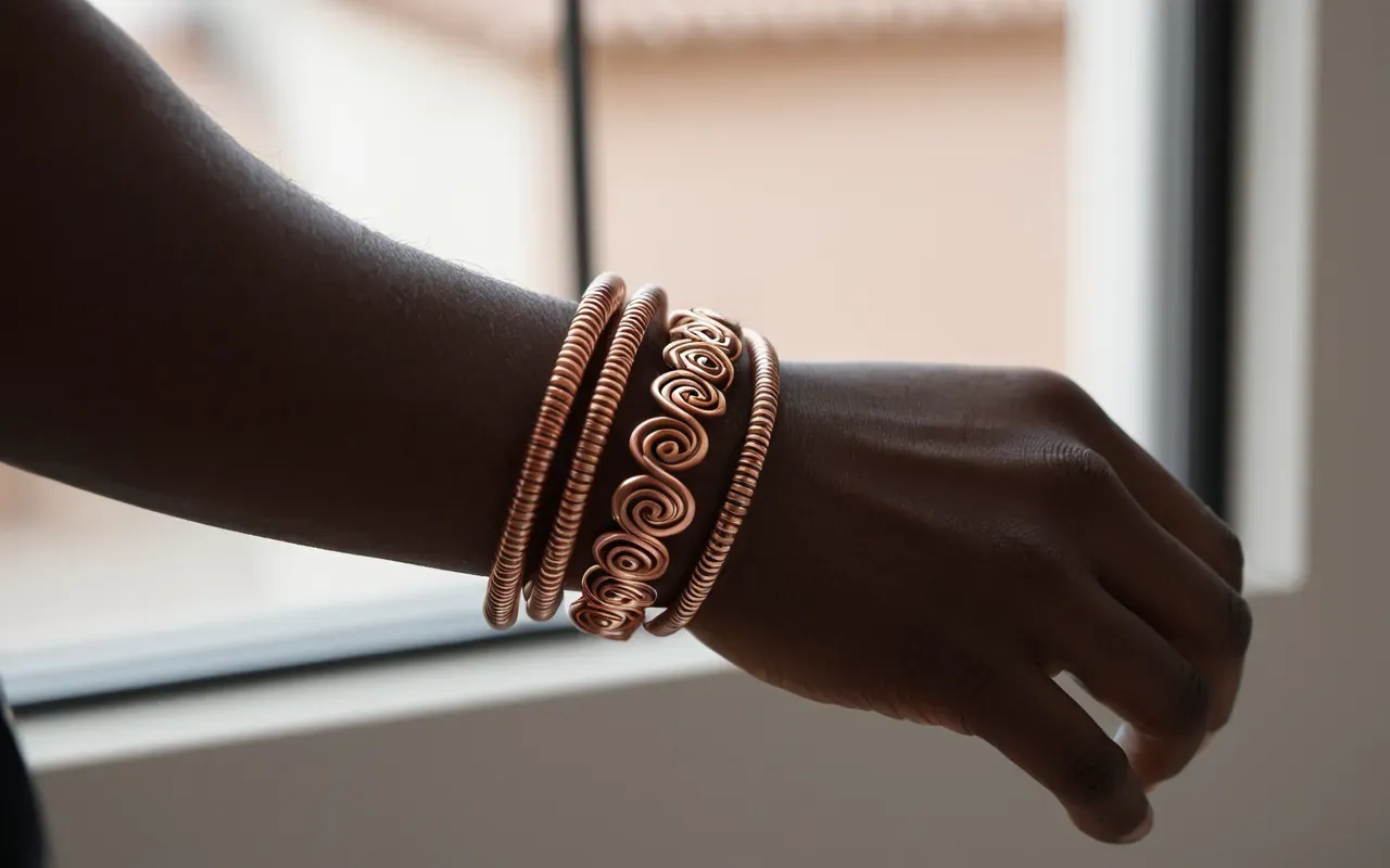 copper wire bracelet close up A close-up photograph of a hand holding a delicate copper wire spiral bracelet against a soft neutral background with natural window light highlighting the metallic texture and intricate coil details without any text or logos.