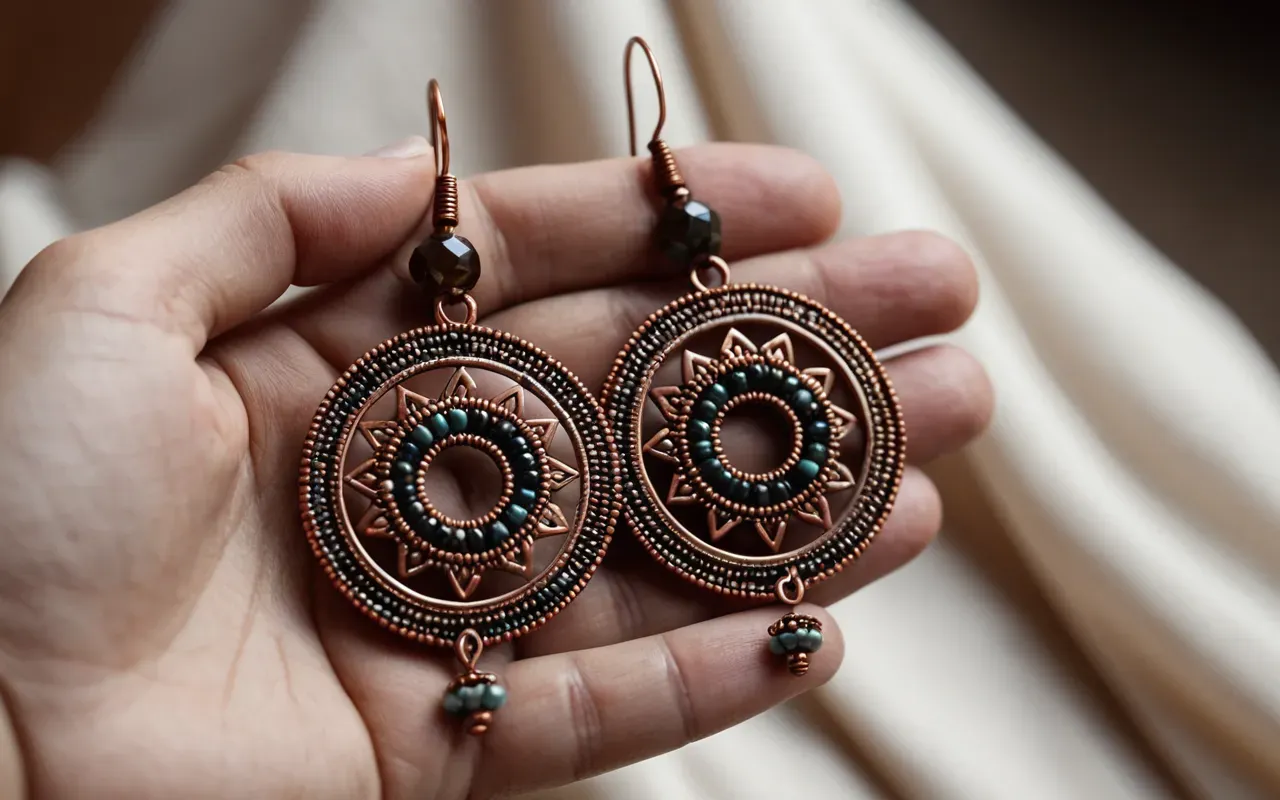 handmade bead earrings A close-up shot of hands holding a pair of intricate handmade earrings made from small glass beads and copper wire. The background is a soft neutral fabric with warm natural lighting highlighting the texture.