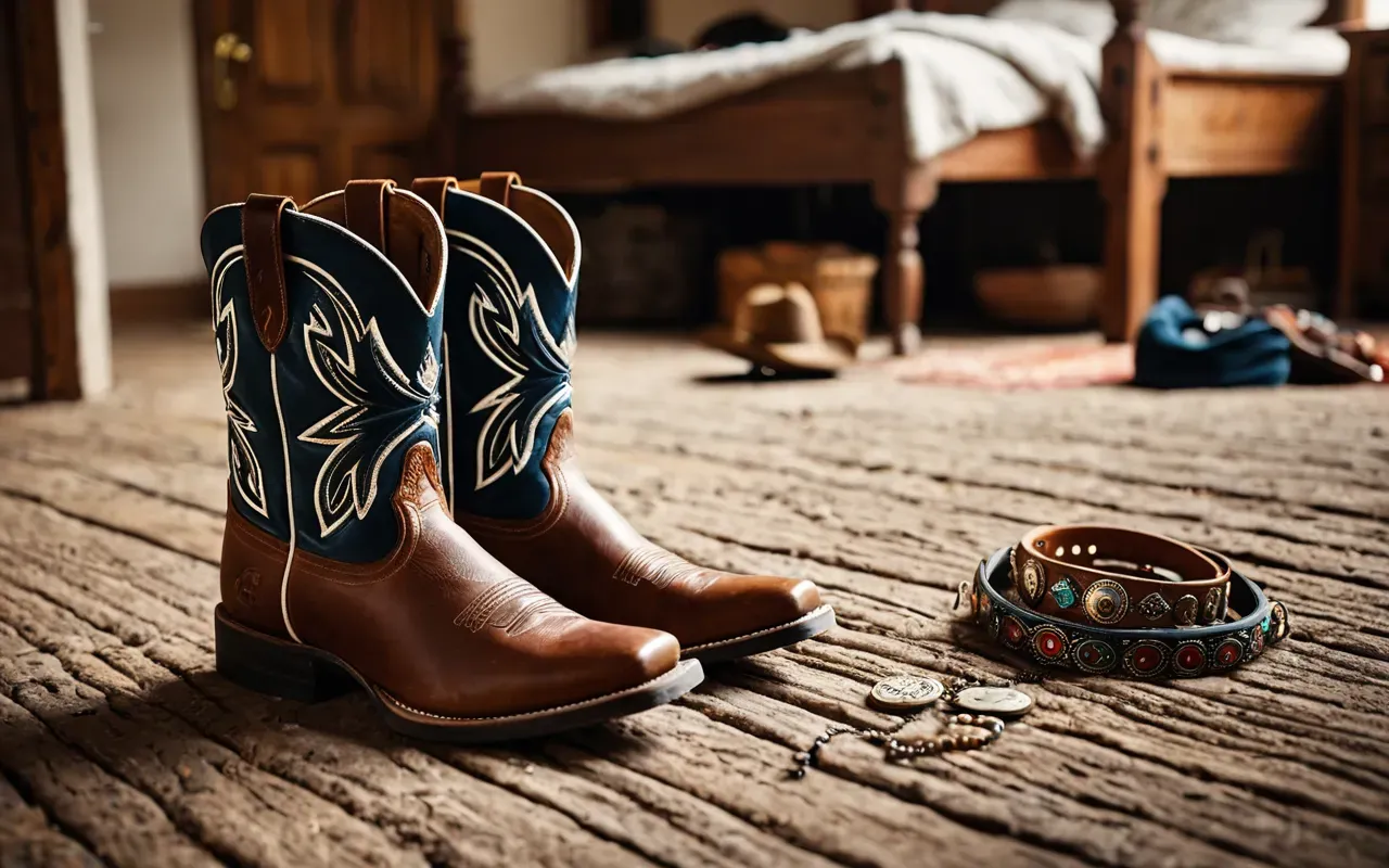 scattered fashion items A close up view of a messy bedroom floor covered in scattered festival accessories including cowboy boots sunglasses and various jewelry pieces under warm indoor lighting with no text visible on any object.