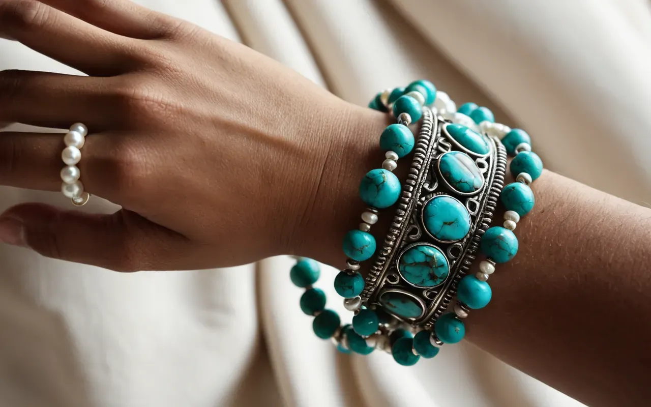 handmade jewelry style A close-up view of a wrist wearing an intricate handmade bracelet featuring vibrant turquoise stones and white pearls, set against a soft neutral fabric background with natural lighting highlighting the texture. No text or logos are visible in the frame.